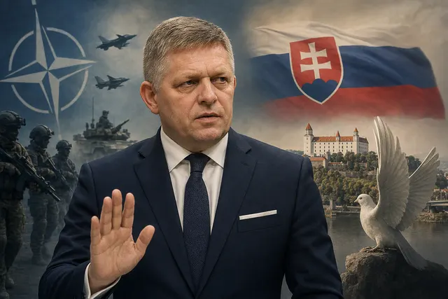 Editorial illustration of Robert Fico and NATO Article 5 tensions