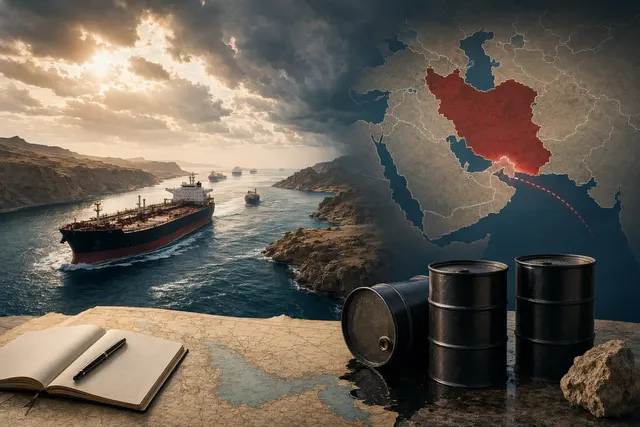 Editorial illustration of oil tankers and Middle East shipping routes amid Brent crude price volatility