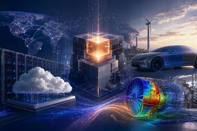 Concept illustration representing AI-driven physics simulation and industrial engineering systems