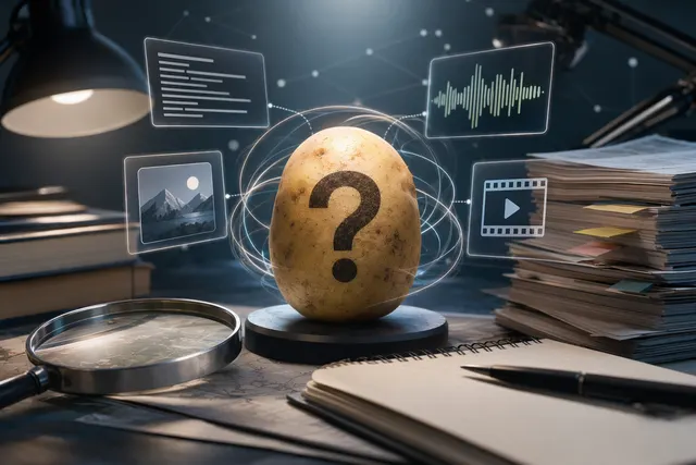 抽象 AI 介面顯示文字、圖片、語音與影片訊號，象徵 GPT-5.5 Spud 全模態傳聞查核