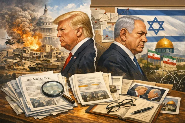 Digital illustration depicting a fractured US-Israel alliance with political figures and a map of the Middle East, symbolizing the Trump-Netanyahu rift over Iran and Lebanon.