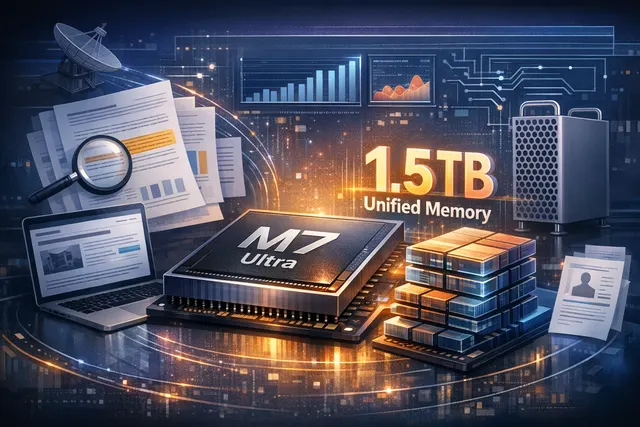 Conceptual image of Apple's M7 Ultra chip with memory capacity specifications and comparison chart