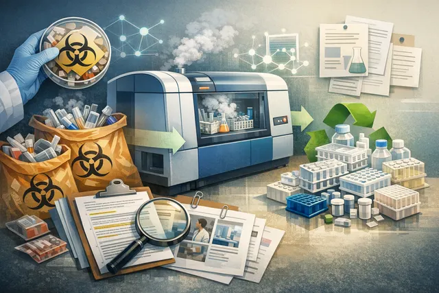 AI-generated conceptual image of laboratory plastic waste recycling process with a glowing circular arrow representing closed-loop system