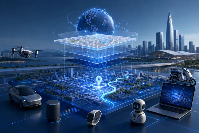 Illustration of AI agents connecting digital maps with route planning and connected devices