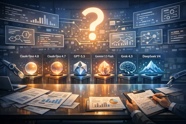 Research benchmarks for Claude Opus 4.8, Claude Opus 4.7, GPT-5.5, Gemini 3.5 Flash, Grok 4.3, DeepSeek V4. Compare them as comprehensively