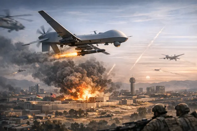 Silhouette of drones flying over a city skyline at dusk, representing the July 2026 drone strikes across the Middle East