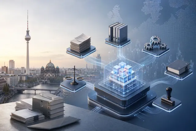 Concept illustration of an AI-powered operating system managing workflows for law firms and notaries