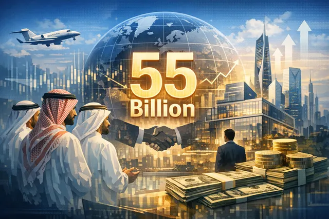 Abstract illustration of a game controller merging with financial charts and a map of Saudi Arabia, representing the $55 billion EA acquisition