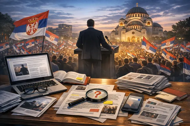 Serbian President Aleksandar Vucic addressing a rally in Belgrade with Serbian flags in the background
