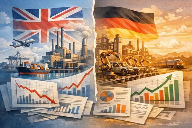 Editorial illustration comparing UK and German manufacturing performance in August flash PMI data