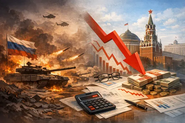 Illustration of Russia’s war budget under pressure, with falling Treasury liquidity and civilian spending cuts