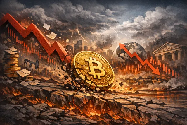 Stressed Bitcoin logo plummeting downward against a backdrop of falling red price charts, symbolizing the cryptocurrency’s worst week of 2026.