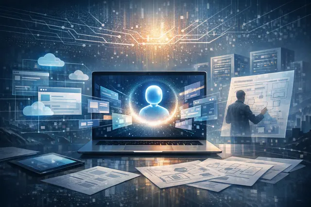 Conceptual illustration of Microsoft Project Aion with Copilot replacing the traditional Windows desktop