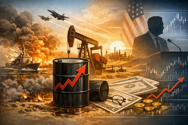 Editorial illustration of oil prices, rising government-bond yields and market volatility during the U.S.–Iran conflict