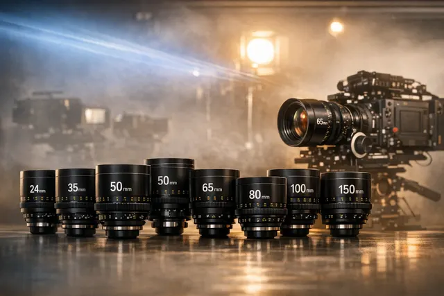 Panavision Primo 65 cinema lens series with red and yellow engravings against a dark studio background.