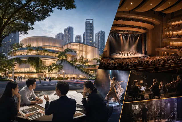 AI-generated editorial illustration accompanying a story about Singapore’s planned Tanglin theatre