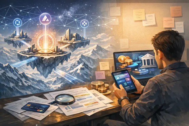 Abstract digital visualization of Aave's Hub and Spoke architecture connecting Avalanche and Ethereum networks with tokenized assets and mobile app interface elements
