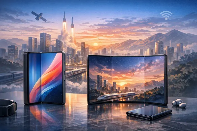 Conceptual illustration of Xiaomi 18 Fold and Huawei Mate XT 2 foldable smartphones opening into different screen formats