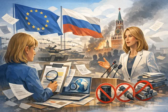 EU High Representative Kaja Kallas speaking at a press conference with EU flags in the background