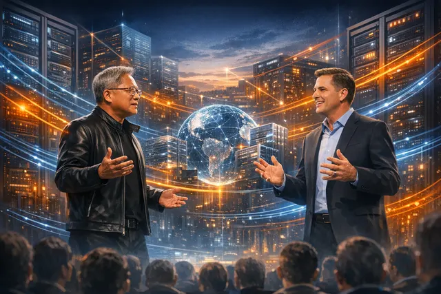 Nvidia and Marvell CEOs collaborating on stage to highlight AI data center connectivity infrastructure partnerships.