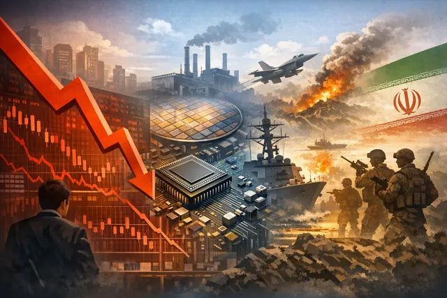 A downward-trending stock market chart overlaid with chip and oil icons, representing the semiconductor rout, TSMC earnings disappointment, and U.S.-Iran geopolitical tensions that