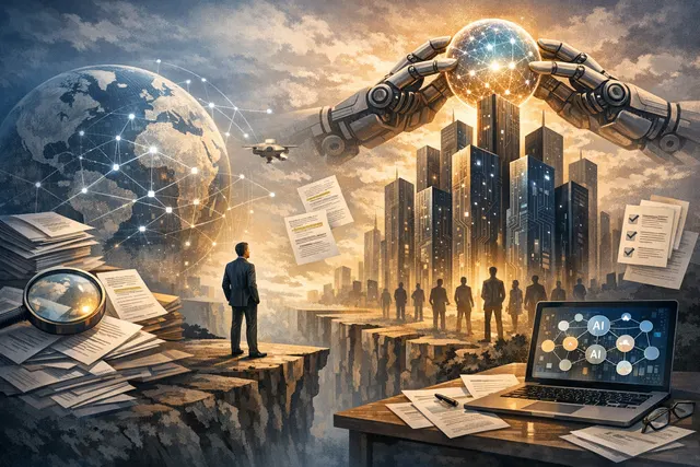 Satya Nadella speaking at a tech conference, with AI and data visualization graphics overlaying the scene