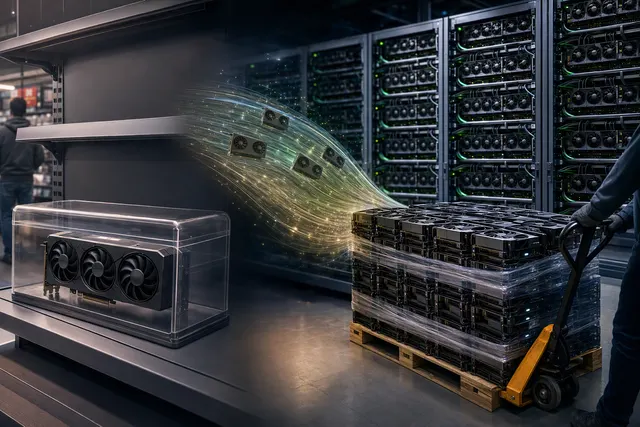 Editorial illustration of GeForce RTX 5090 graphics cards being used in an AI server rack