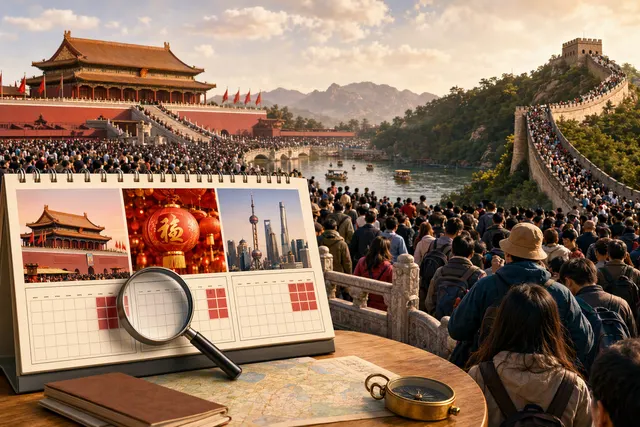 Illustration of crowds of travelers at a Chinese tourist attraction during a public holiday