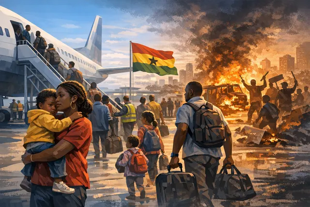 Ghanaian evacuation operation at OR Tambo International Airport in Johannesburg, showing citizens boarding a government-chartered flight amid rising xenophobic tensions in South Af