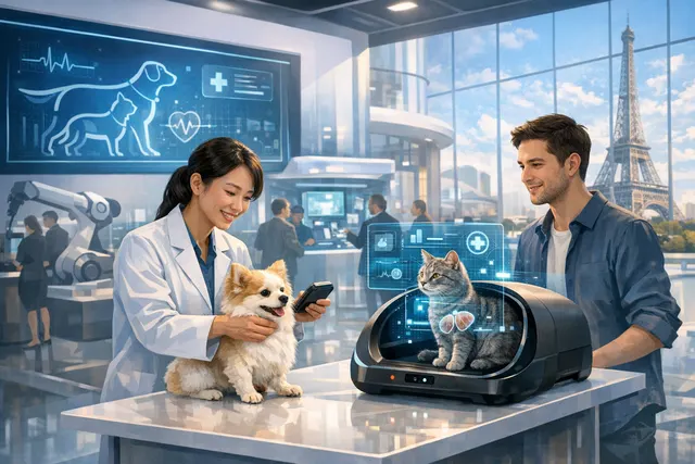 Samsung Galaxy smartphone displaying AI pet health screening results for a dog against a connected smart home background