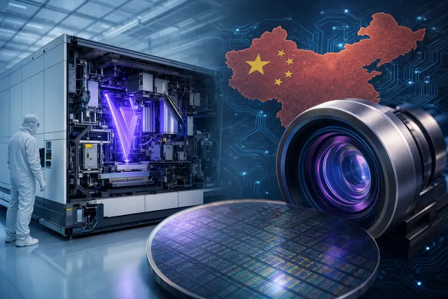 Editorial illustration of advanced chipmaking equipment and the optics used in EUV lithography