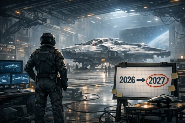 Illustration of a futuristic spacecraft representing Squadron 42 and its delayed Q2 2027 launch
