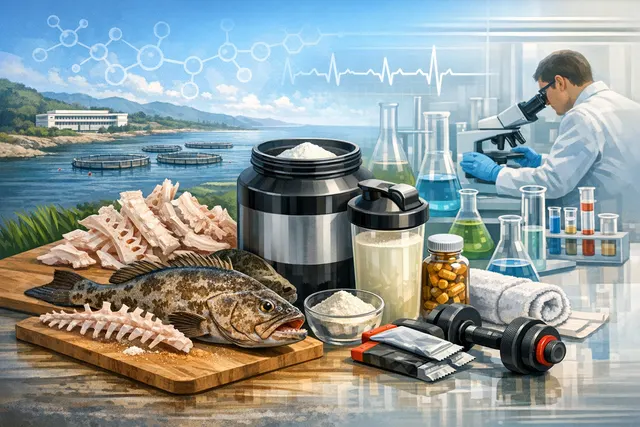 Concept art showing a laboratory beaker containing bright blue sports-drink liquid being poured into a glass with grouper fish swimming in the background, representing the transfor