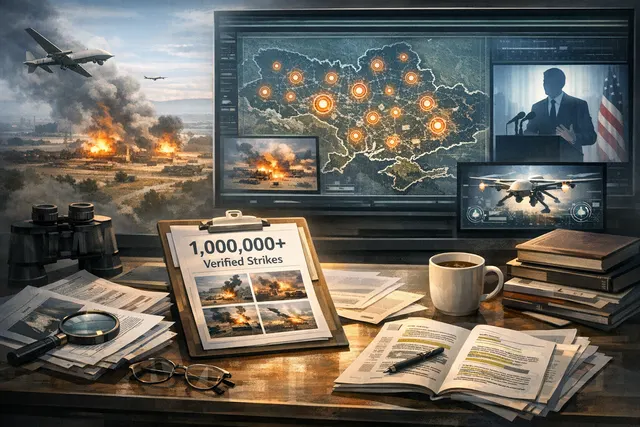 A conceptual digital illustration of drones in flight over a battlefield map, representing Ukraine's 2026 drone warfare campaign.