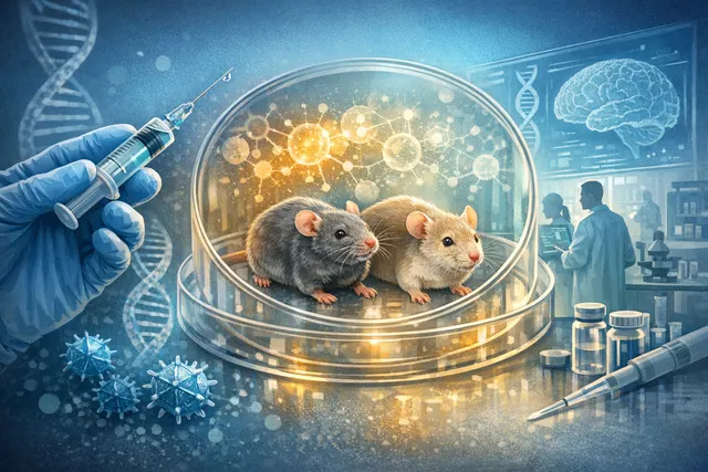 Abstract visualization of an AAV vector delivering FGF21 gene therapy to muscle tissue, representing the single-injection approach that extended mouse lifespan by 20% in a landmark