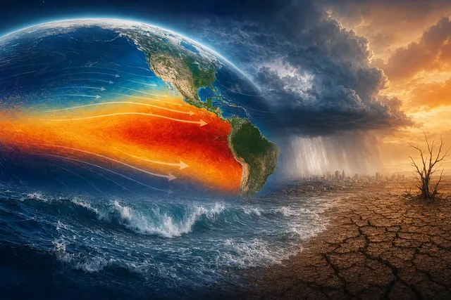 Illustration of developing El Niño warming across the Pacific and its potential global climate impacts