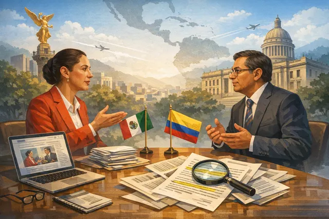 AI-generated illustration representing a diplomatic standoff between Mexico and Colombia, with the flags of both countries and a gavel symbolizing the 'military target' declaration
