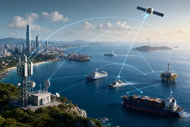 Illustration of a layered maritime network linking coastal stations, offshore wind turbines, vessels and satellites