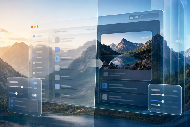 Abstract macOS interface with translucent glass panels and improved readable contrast