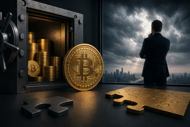 Editorial illustration of Strategy weighing Bitcoin holdings against cash obligations