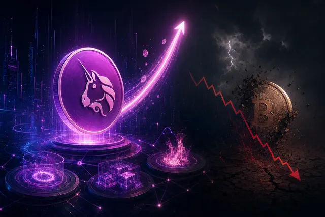 Editorial illustration of Uniswap UNI rising against a declining cryptocurrency market