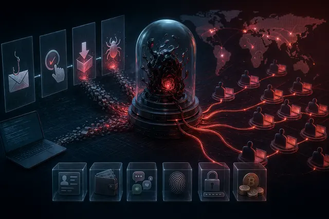 Conceptual visualization of the REMUS infostealer malware targeting credentials and password manager vaults