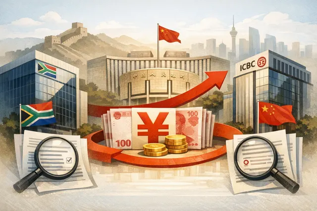 Digital illustration showing a central bank seal with Chinese yuan symbols over an outline map of Africa, representing the new Renminbi Clearing Bank of Africa authorized by the Pe