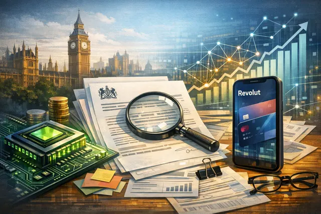 An abstract digital illustration combining Nvidia's green chip design elements with Revolut's signature blue fintech branding, symbolizing their strategic investment relationship.