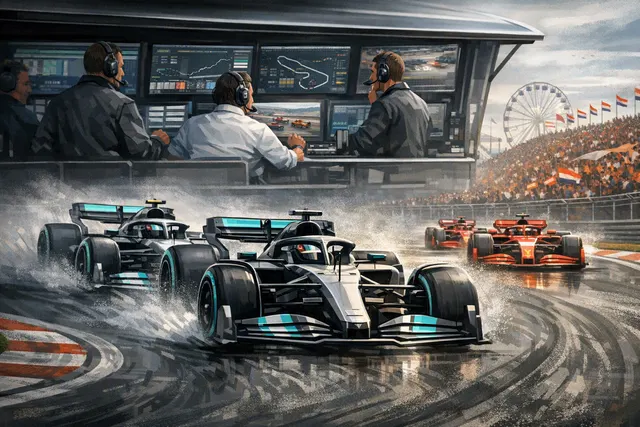Illustration of Kimi Antonelli and George Russell during the Mercedes team-orders controversy at the 2026 Dutch Grand Prix