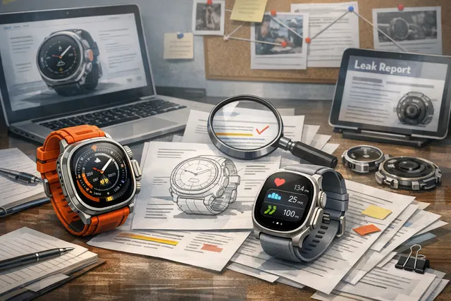A futuristic editorial illustration of the Samsung Galaxy Watch Ultra 2 and Galaxy Watch 9, surrounded by leak-related visual elements.
