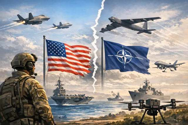 U.S. and NATO flags at a ceremonial military event symbolizing the formal notification of conventional force reductions under the NATO Force Model.