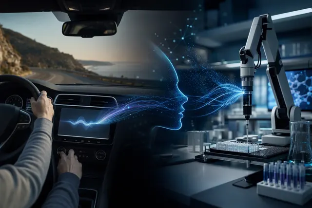 Editorial illustration of AI assistance in a car and a laboratory automation environment