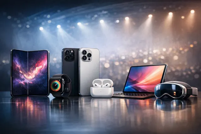 Illustration of a rumored foldable iPhone Ultra alongside iPhone 18 Pro, Apple Watch and AirPods products