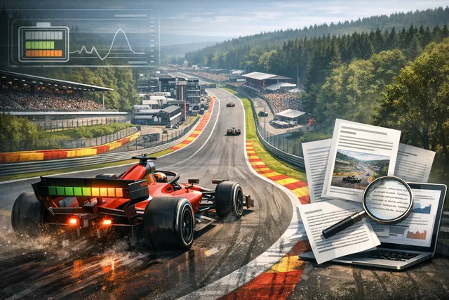 Aerial view of Spa-Francorchamps circuit with Eau Rouge and Raidillon, overlaid with battery charge indicators showing depletion through high-speed corners